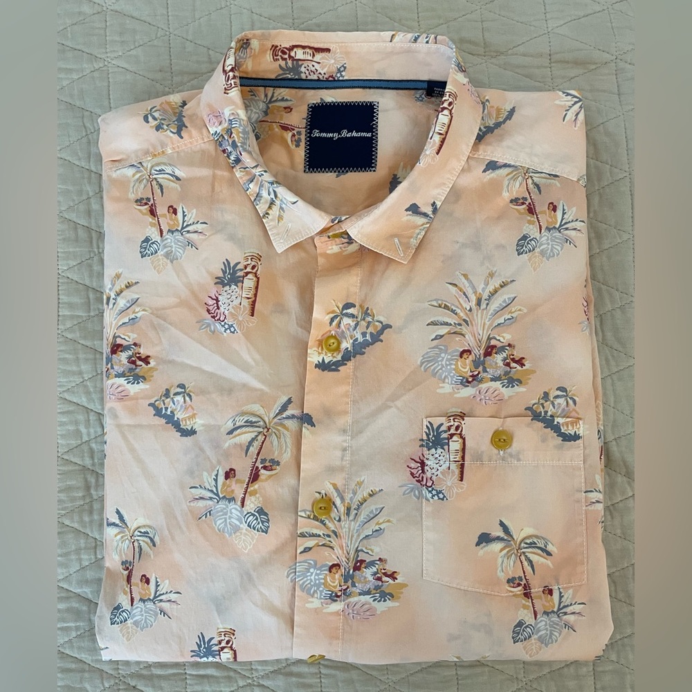 Tommy Bahama Palm Tree Print Short Sleeve Vacation Shirt in Pink Peach  Size XXL
